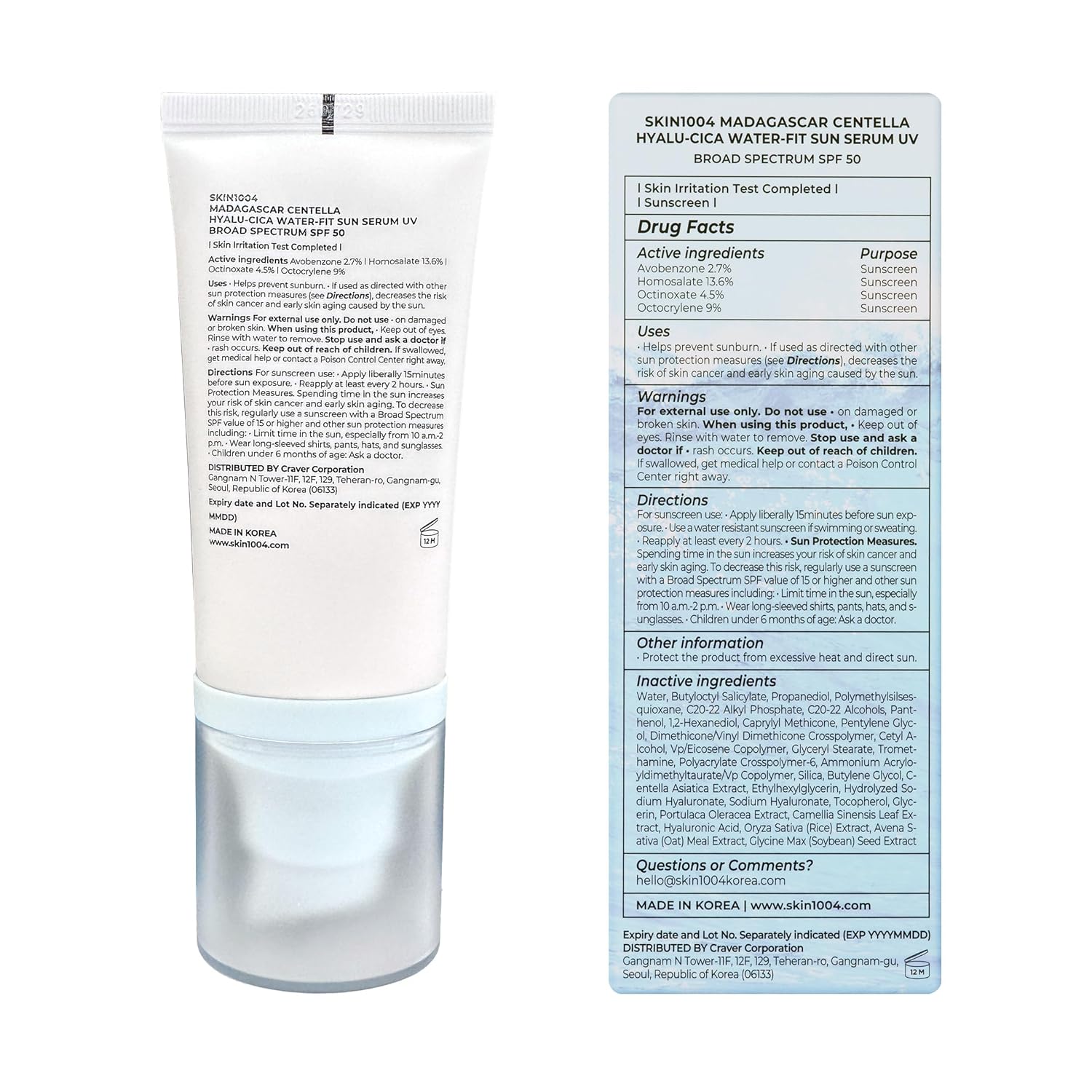 2EA [SKIN1004] Madagascar Centella Hyalu-Cica Water-Fit Sun Serum UV 50ml Double Pack (2ea) *Special Price*