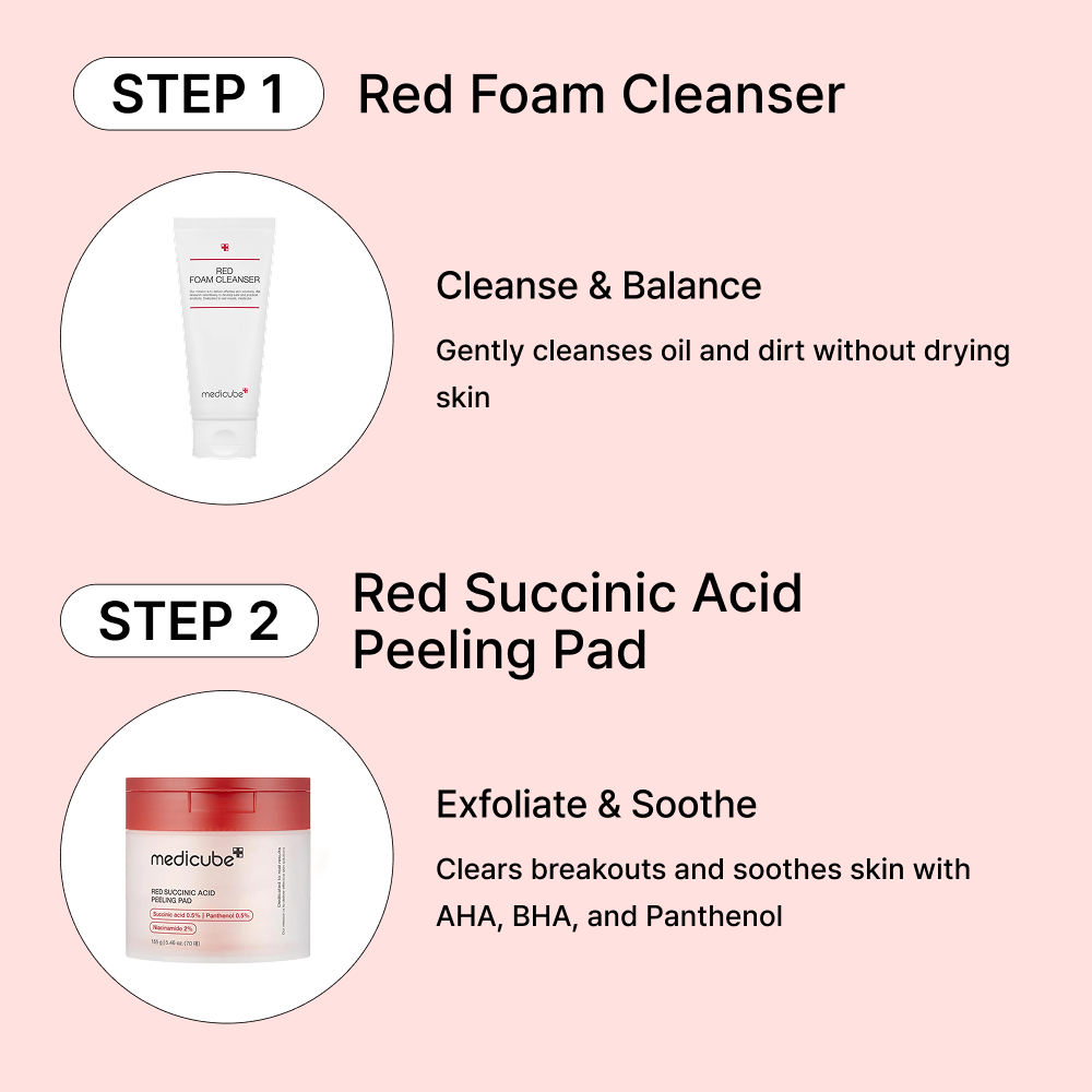 MOIDA SET [MEDICUBE] Red Acne Care Routine for Blemish-Prone & Sensitive Skin (Cleansing Foam + Peeling Pad + Cream) *Special Price*