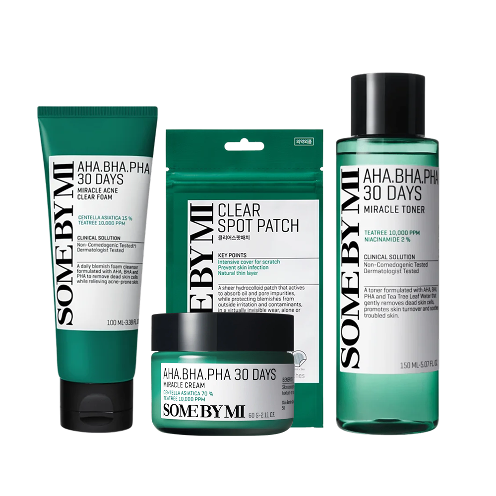 MOIDA SET [SOMEBYMI] AHA BHA PHA Acne Care Routine for Blemish-Prone & Congested Skin (Cleanser + Toner + Cream + Patches) *Special Price*